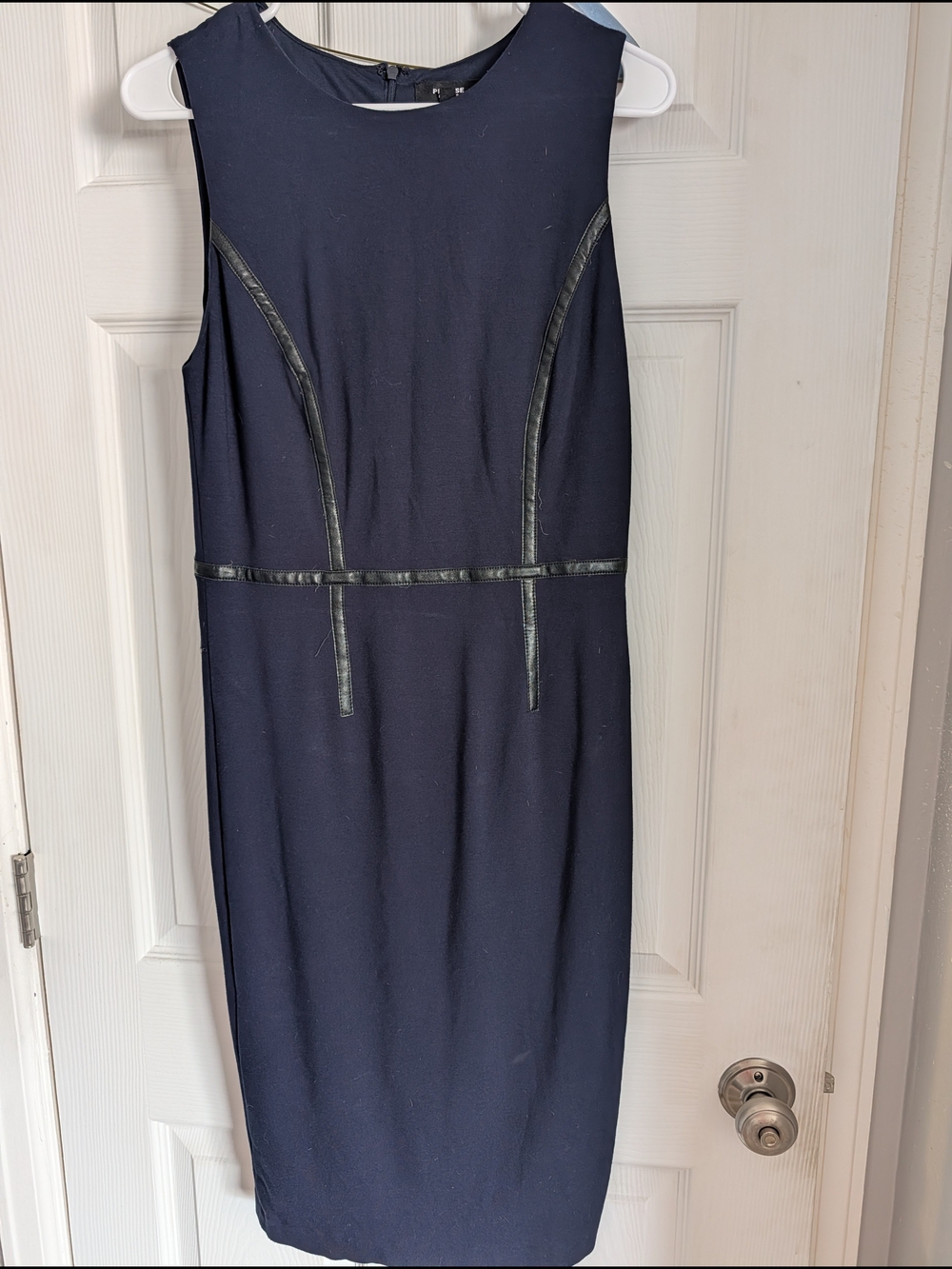 Premise Navy Midi Sheath Dress with Faux-Leather Trim
